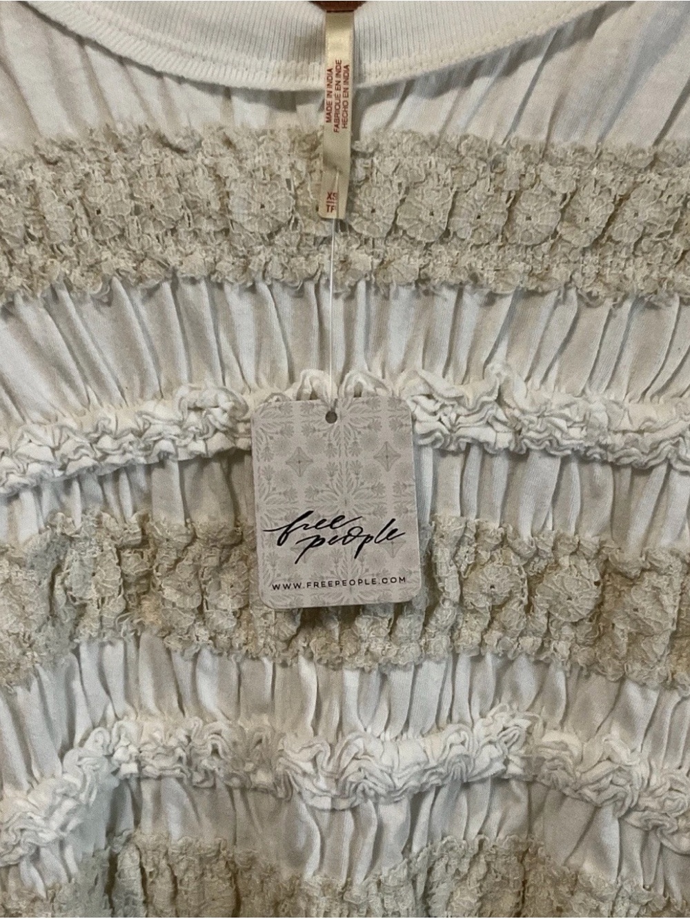 Free People NWT Maxey Smocked Ruffled Cream Puffed Half Sleeve Knit Top, XS - Picture 8 of 12